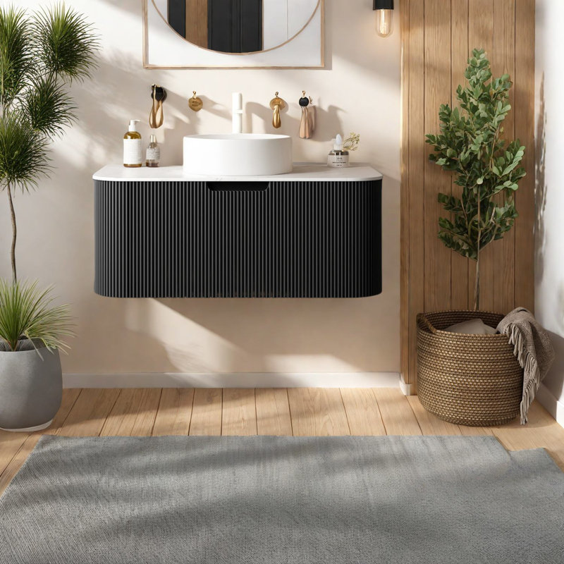Meuble-lavabo suspendu élégant avec rangement, lavabo en céramique blanche, pierre frittée résistante
