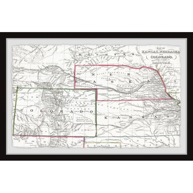 Carte du Kansas, Nebraska et Colorado - Reproduction d'art graphique sur papier encadré, H 16 po x l 24 po x 1,5 po