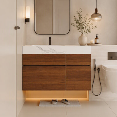 Meuble-lavabo flottant moderne de 36 po avec plateau en pierre frittée et lavabo en céramique