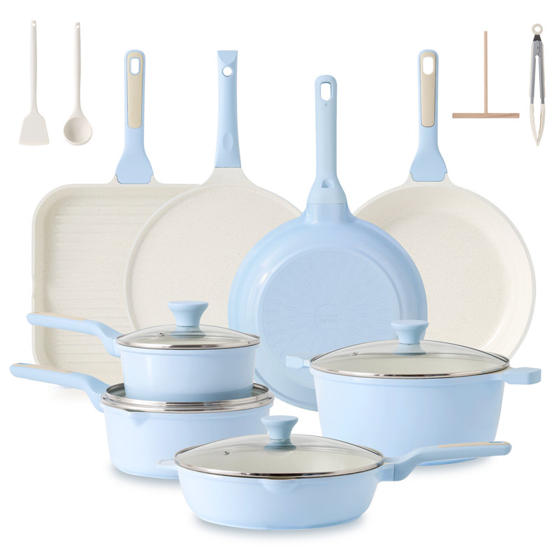 Batterie de cuisine en céramique antiadhésive SENSARTE 16 pièces, saine et non toxique, avec poignées Stay-Cool et ustensiles en silicone, sans PFAS, PFOA et PTFE