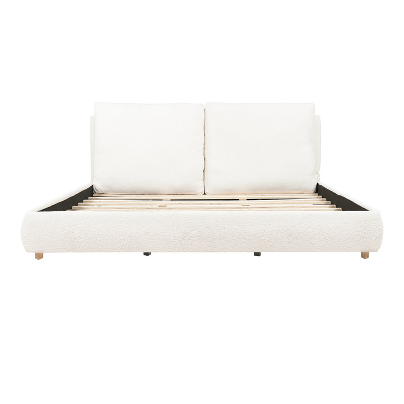 Boucle Fabric Upholstered Platform Bed with Two Removable Pillow Headboard, King, White