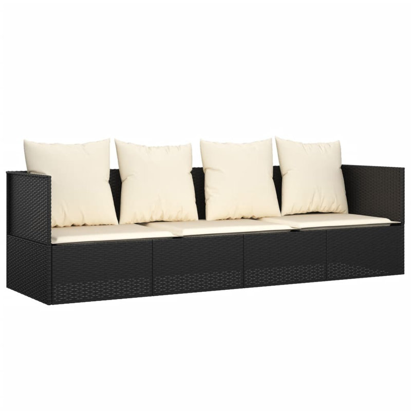 Lit de patio en rotin avec coussins Ebern Designs, Crème, crème, Noir, noir, noir, noir