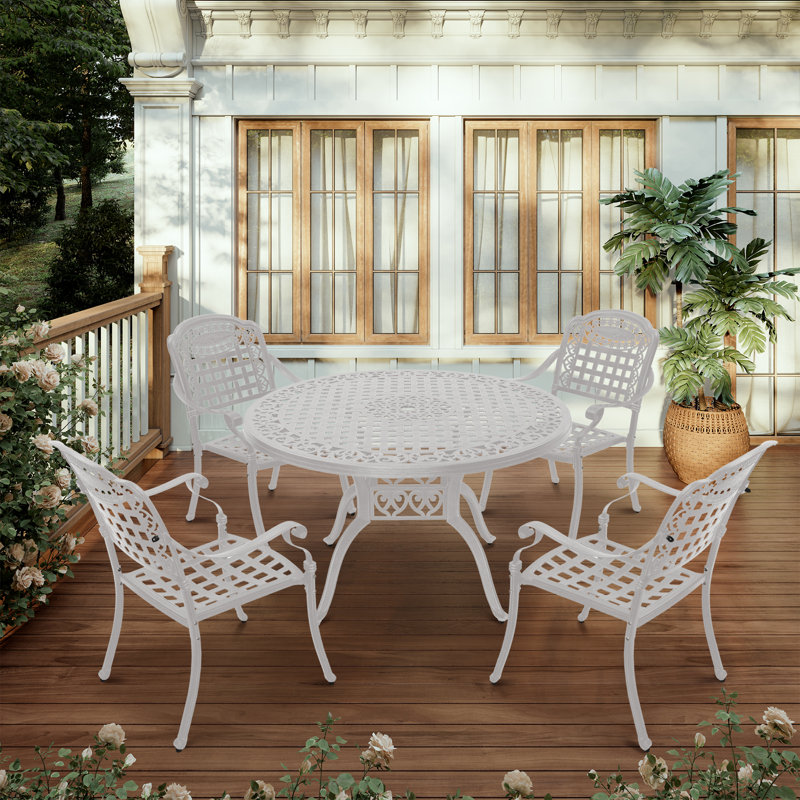 Ensemble de salle à manger extérieur en aluminium coulé pour 4 personnes avec trou pour parasol Rhedyn, Blanc