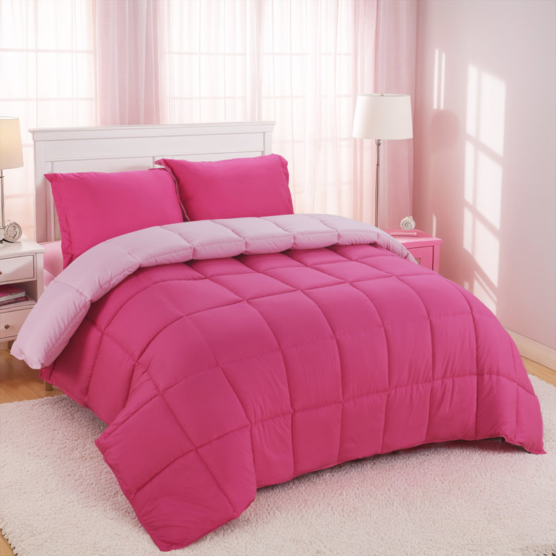 All Season Reversible Down Alternative Comforter Set with Shams - Breathable, Soft, Fluffy, Pink
