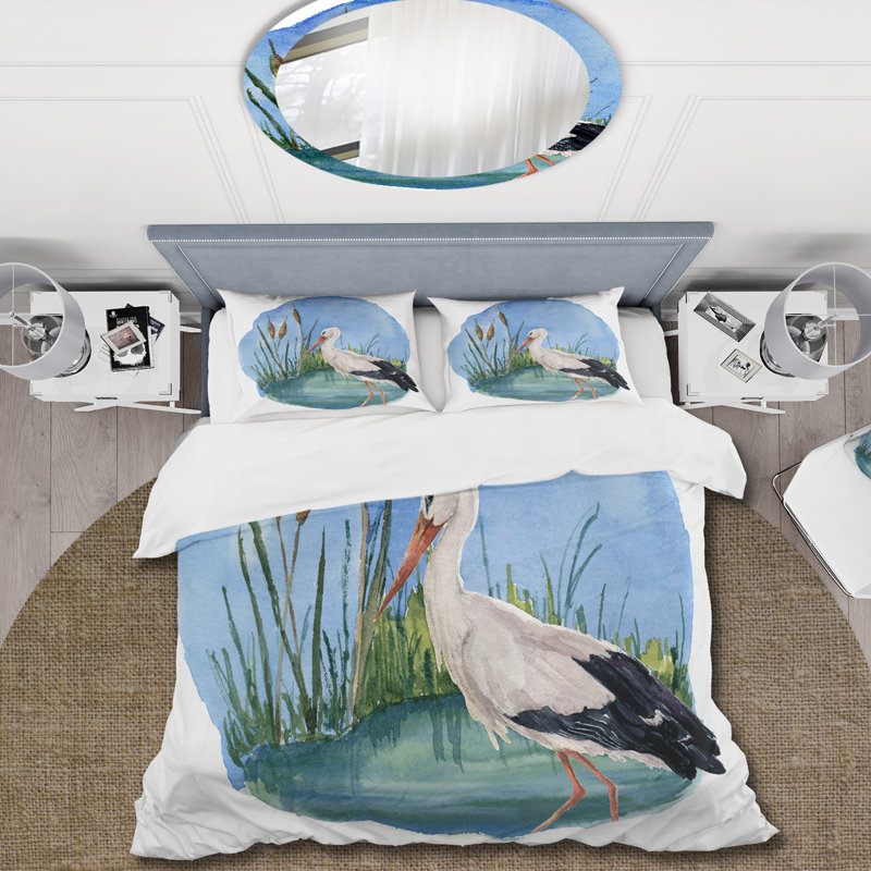 Cigogne blanche sur le marais - Ensemble de housse de couette traditionnel - Microfibre de polyester