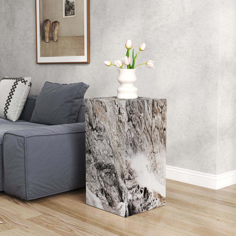 Square Faux Marble and Concrete End Table, 26" H x 14" W x 14" D, Gray