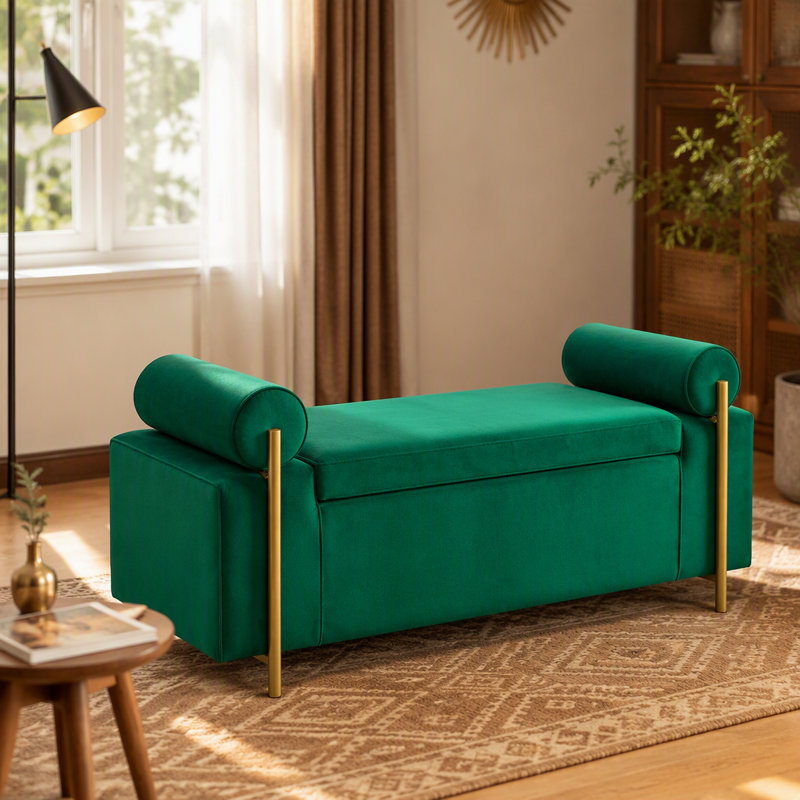 Banc de rangement rembourré en lin avec accoudoirs cylindriques et pieds en fer, Vert, Vert
