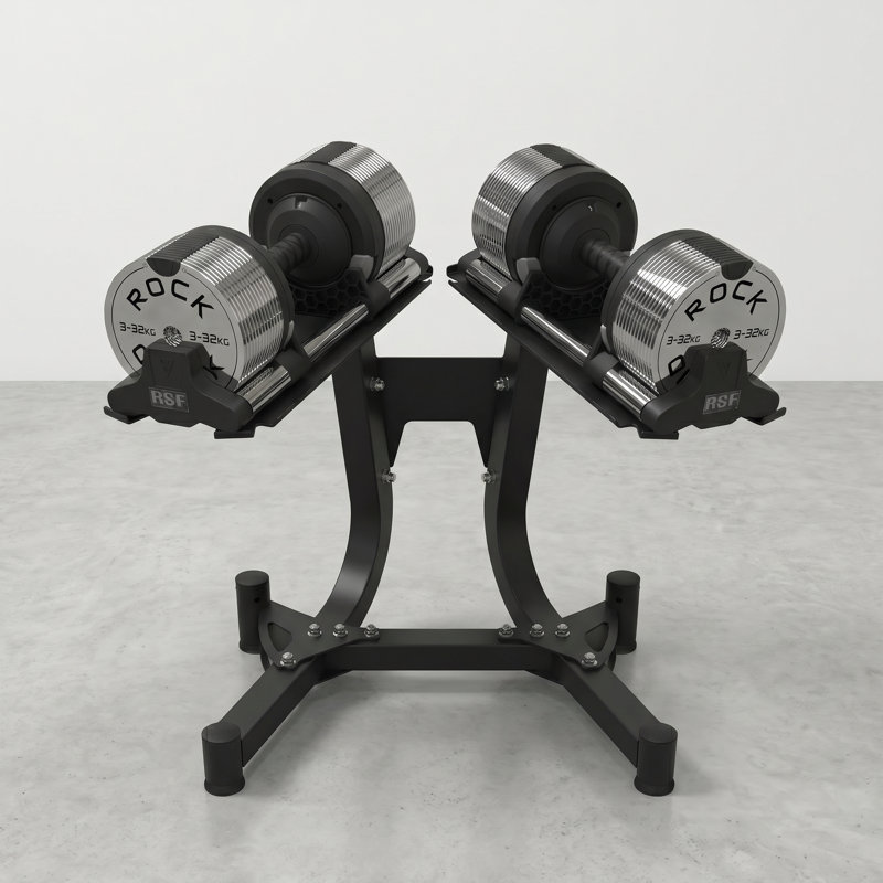 RB TectonicPlates Lite - Les haltères réglables True Original - Incréments de 1 kg - Poids maximal de 32 kg - Entraînement de musculation et de remise en forme à domicile - Ensemble de 2 avec support - Argent