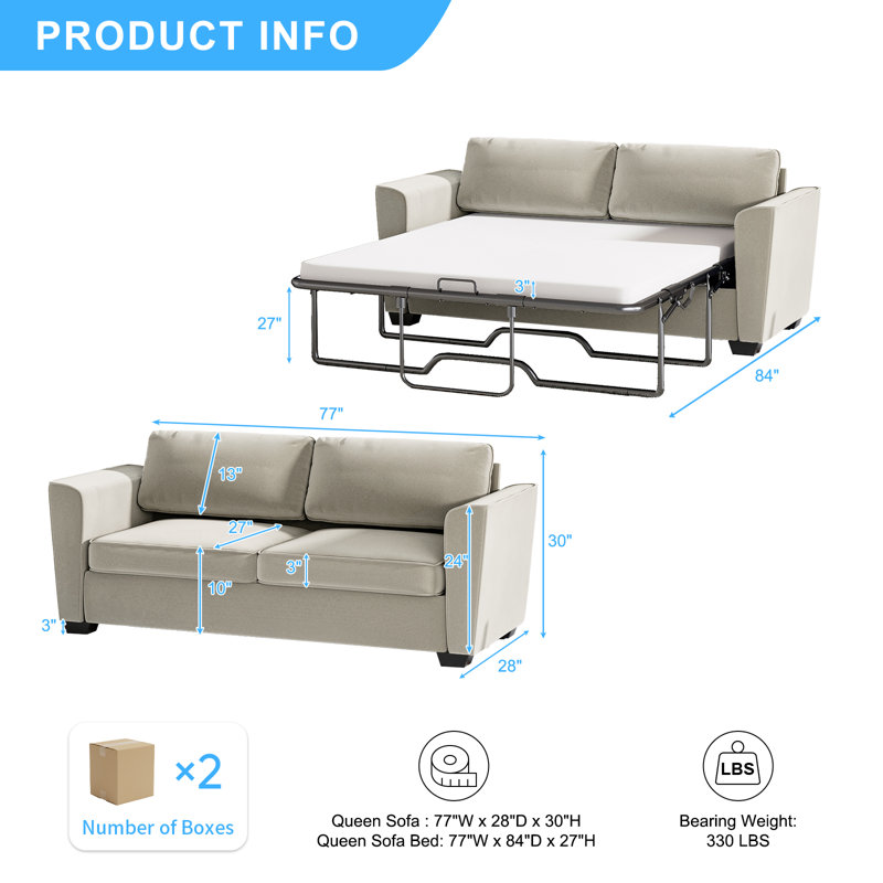 Latitude Run 77" Velvet Queen Pull Out Sleeper Loveseat with Memory Foam Mattress, 30” H x 77” W x 28” D, Beige