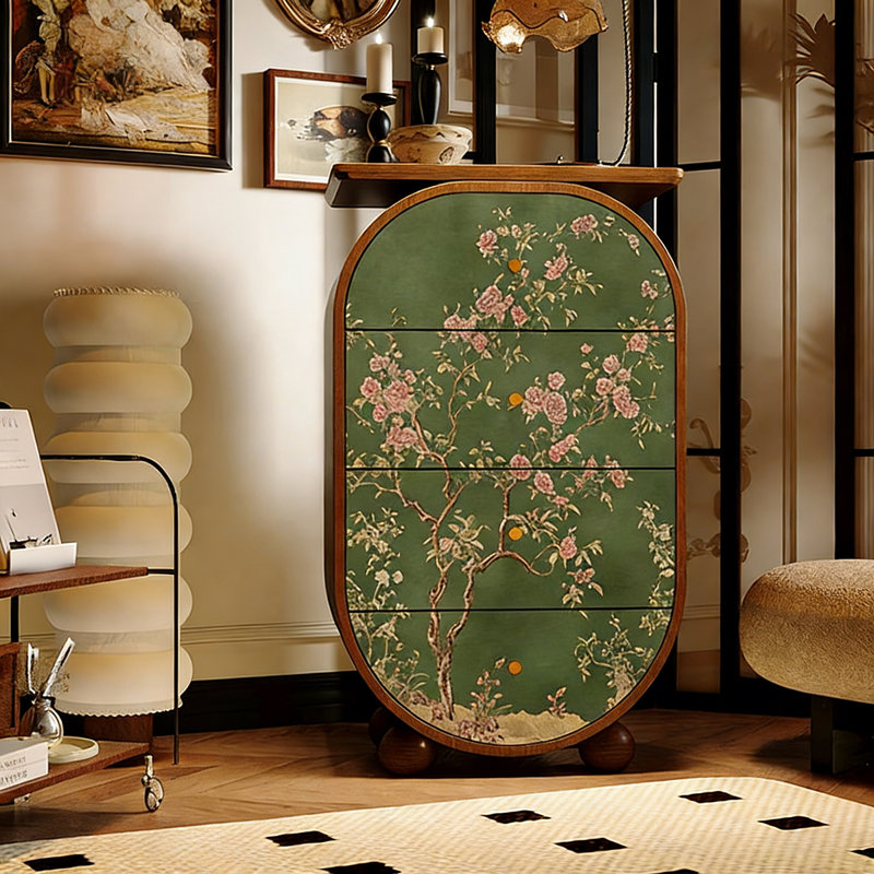 Armoire de rangement 4 tiroirs Vintage Floral, Noyer