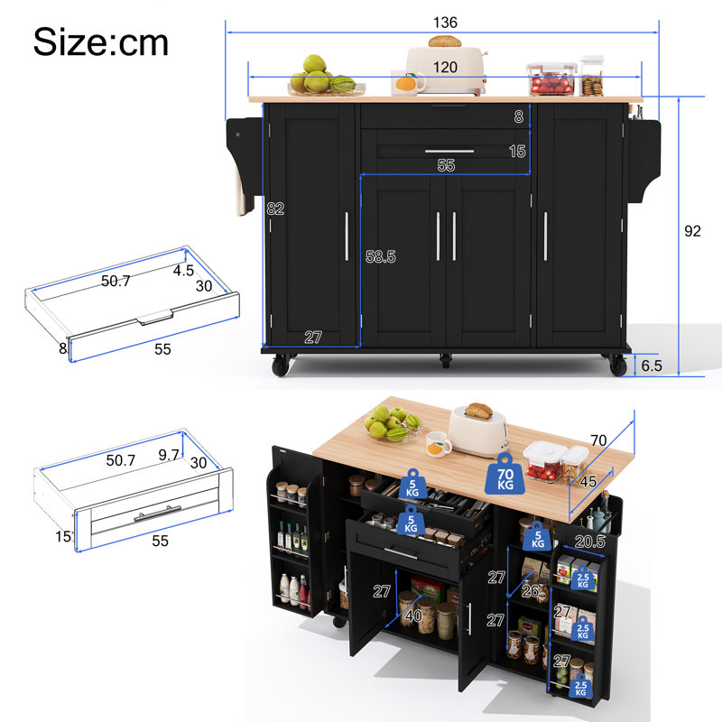 Wood Kitchen Island, Black/Natural	