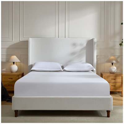 Grand lit plateforme tapissier Harper - Tête de lit en chenille blanc crème avec motif à oreilles, aucun sommier nécessaire