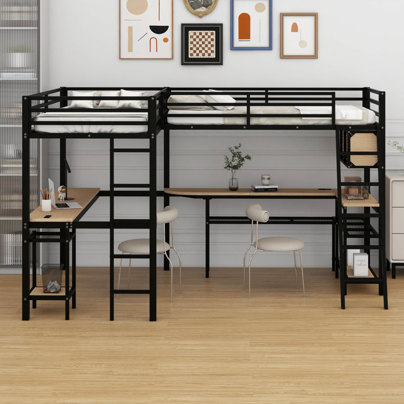 Twin Size Metal L-Shaped Loft Bed – LED Lights, Storage Shelves, 2 Charging Stations & 2 Built-In Desks