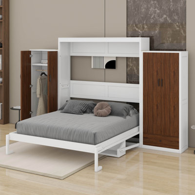 Grand lit escamotable mural avec placard, tiroirs et table