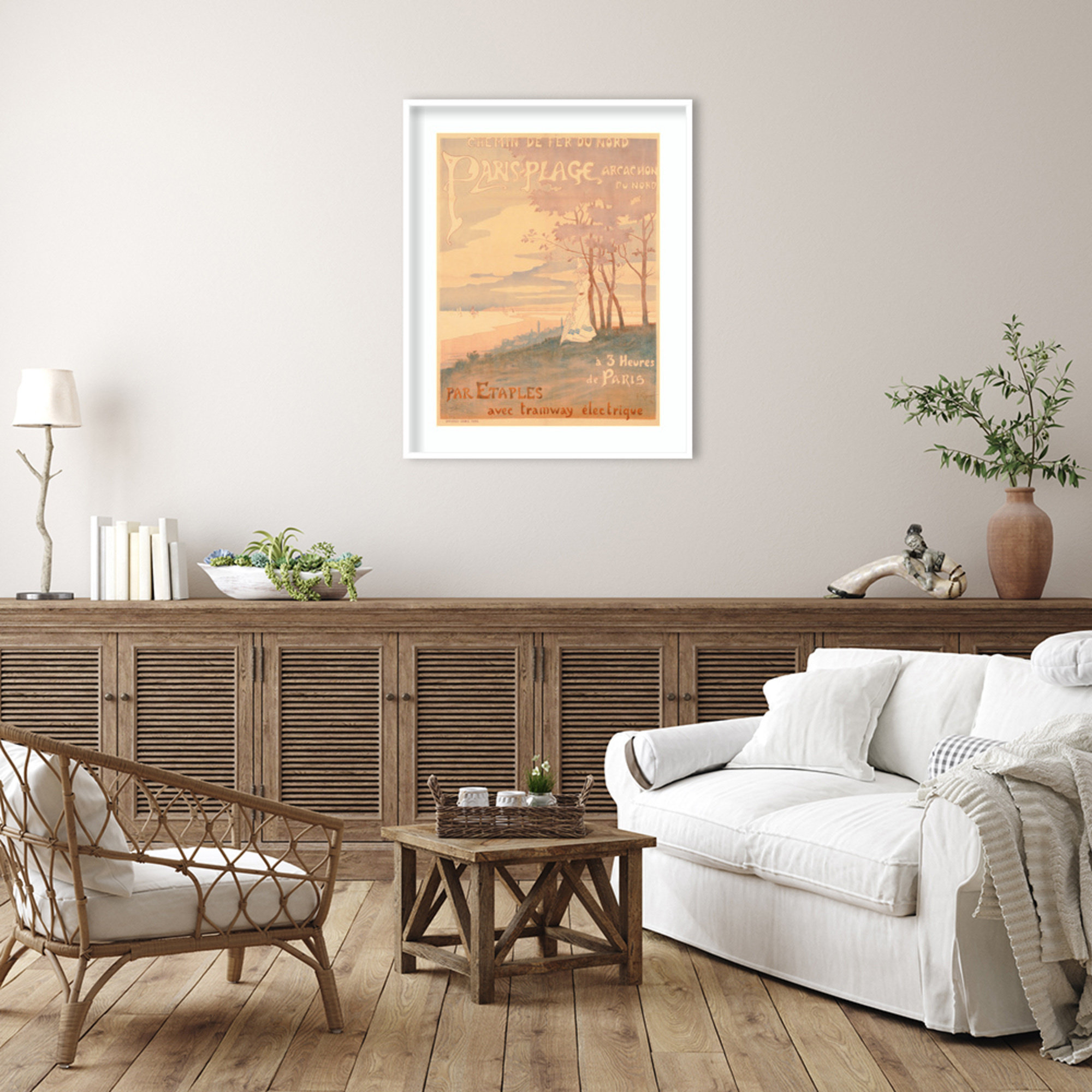 Poster Advertising Trams to Paris Plage by French School (19th century) Wood Framed Wall Art Print, White , 41" H x 33" W
