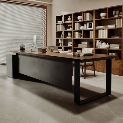 62.99" Dark-brown+Black L-Shaped Solid Wood+Iron Office Sets