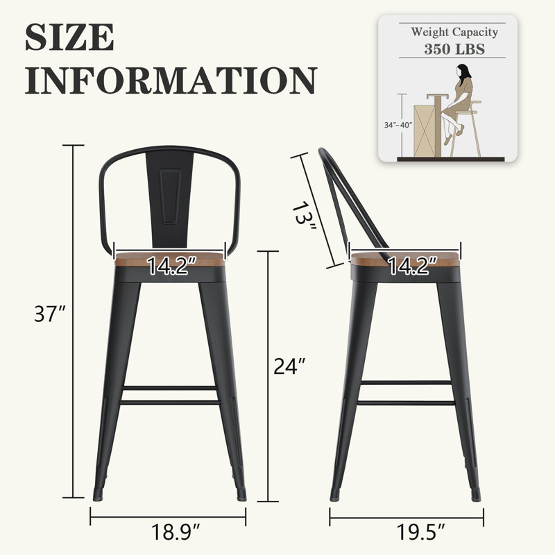 High Back Metal Counter And Bar Stools, Black, Counter Stool (24" Seat Height)