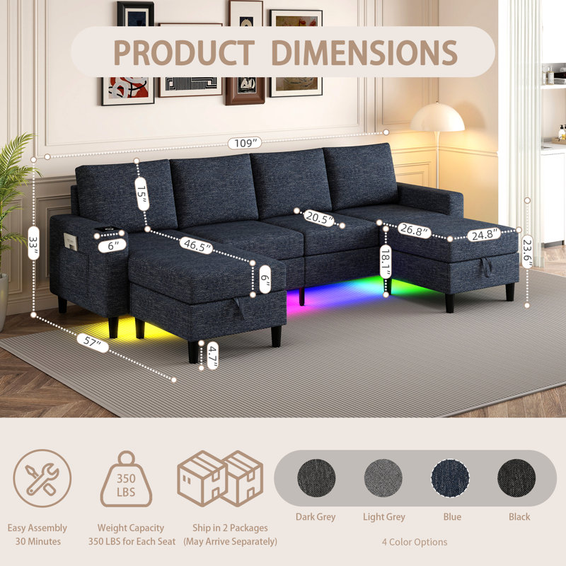 109" Sectional Couches For Living Room, 4 Seat Sectional Sofa With Rgb Light/wireless Charging/usb/type-c, Blue