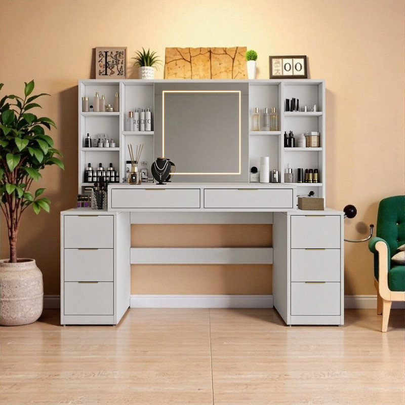 Coiffeuse de 59 pouces avec miroir à DEL, coiffeuse à 8 tiroirs avec éclairage réglable
