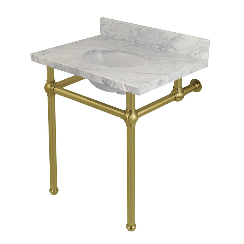 Comptoir de meuble-lavabo Templeton 30 po avec pieds en laiton Kingston (8 po, 3 trous), Marbre de Carrare / Laiton Satiné