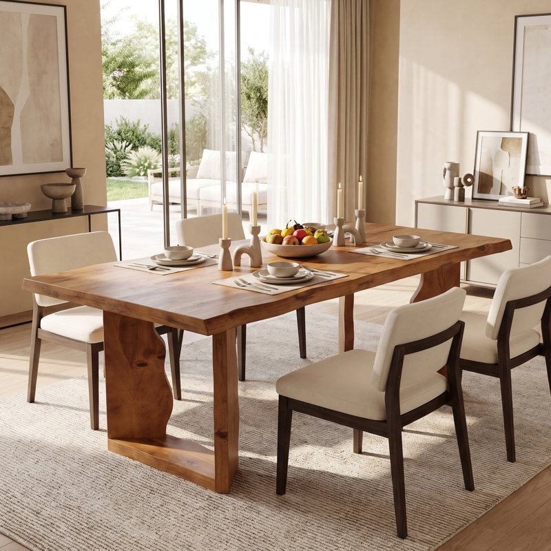 Table de salle à manger en bois massif à rebords naturels et pieds sculpturaux, style rustique moderne, Brown