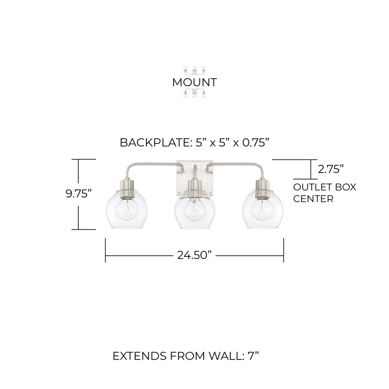 Tanner Dimmable Vanity Light, Brushed Nickel, Clear, 3-Light