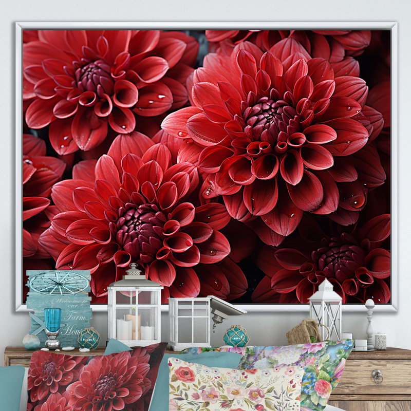 " Crimson Mums Elegance Blooms ", 16" H x 32" W x 1" D, White Floater Framed
