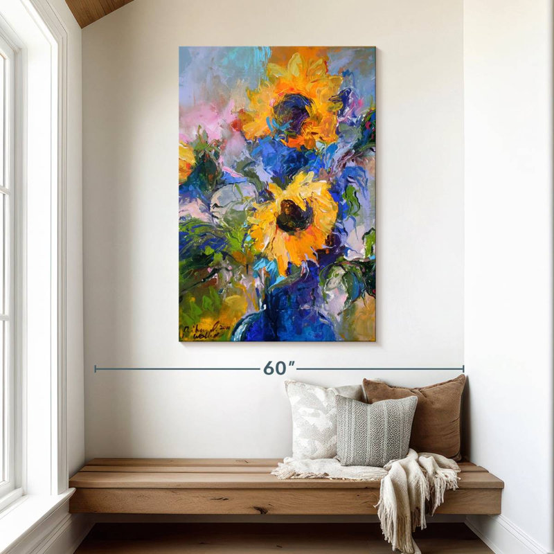 Harnek tournesols dans un vase bleu, H 48 po x l 32 po