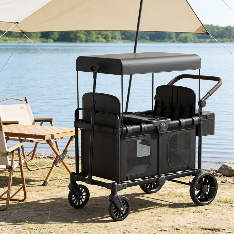 Wagon pliant avec auvent pour enfants et cargaison, chariot d'extérieur pliable robuste avec freins et roues tout-terrain de 156 lb, 4 sièges