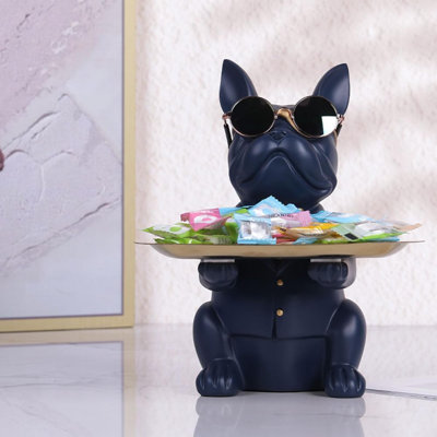 Modern Decor Resin Navy Blue Bulldog Tray Statue Tray Storage Key Holder Candy Jewelry Earrings Tray Suitable For Home Decor Modern Art Dining Table Decor Office Small Object Tray