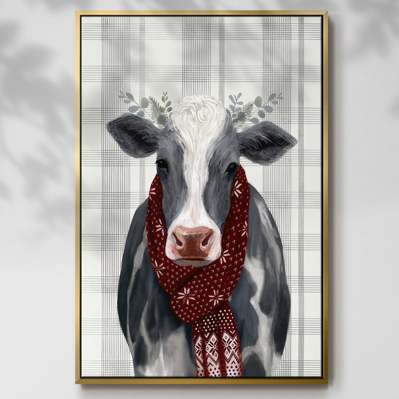 Toile tendue avec châssis Yuletide Cow II, H 41 po x l 27 po x P 1,5 po, Cadre flottant doré