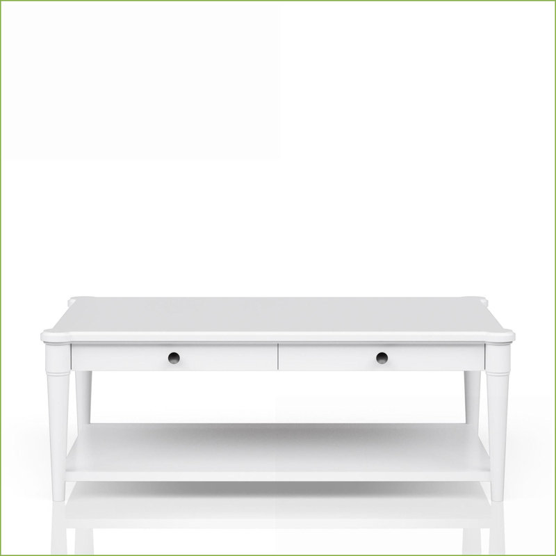 Table basse de salon blanche transitionnelle avec 2 tiroirs Roulettes, rangement peu encombrant