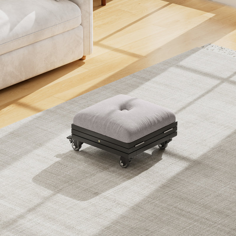 Modern Adjustable Height Lifting Foot Stool With Wheels Grey Fabric Ottoman Portable Metal Footstool, Foldable Steel Frame
