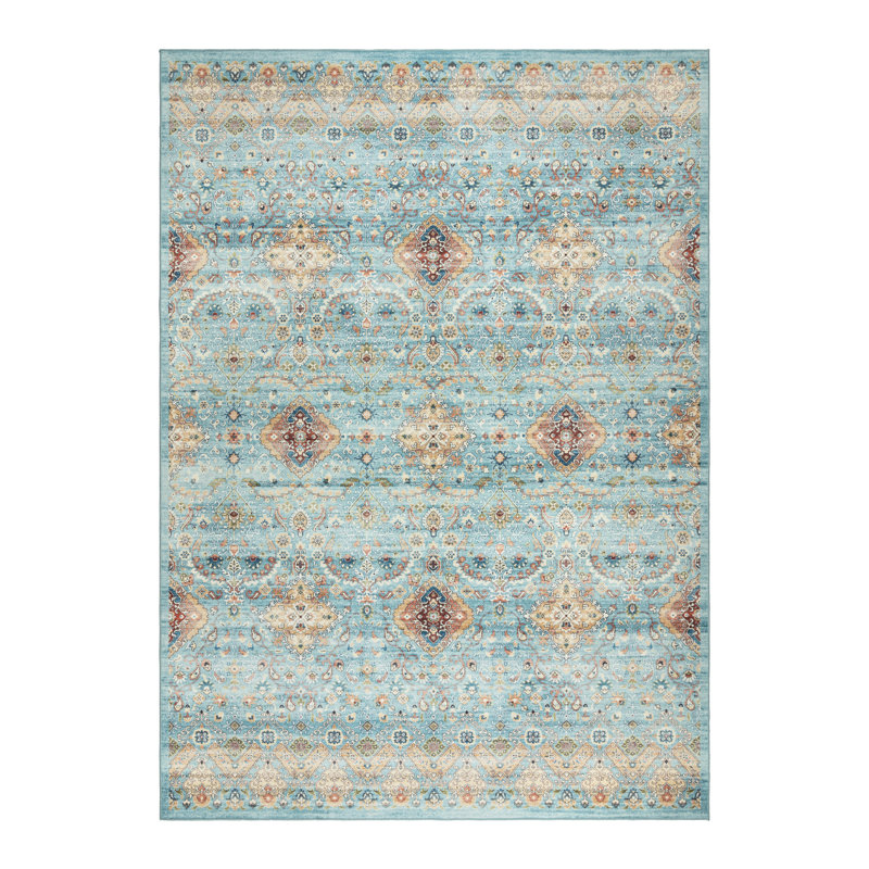 Samira Tanis Aqua Blue Gold Cream Multi Moroccan Bohemian Machine Washable Indoor Area Rug, Flat Pile for Living Room & Bedroom - Sage, 9x13