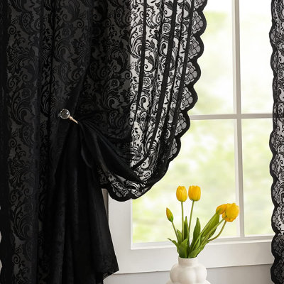 Black Lace Curtains 63 Inch Length Victorian Vintage Floral Sheer Curtain Panels for Halloween Luxury Gothic Curtains for Bedroom Witchy/Goth/Moody Room Decor, 52 x 63 Inch, Black