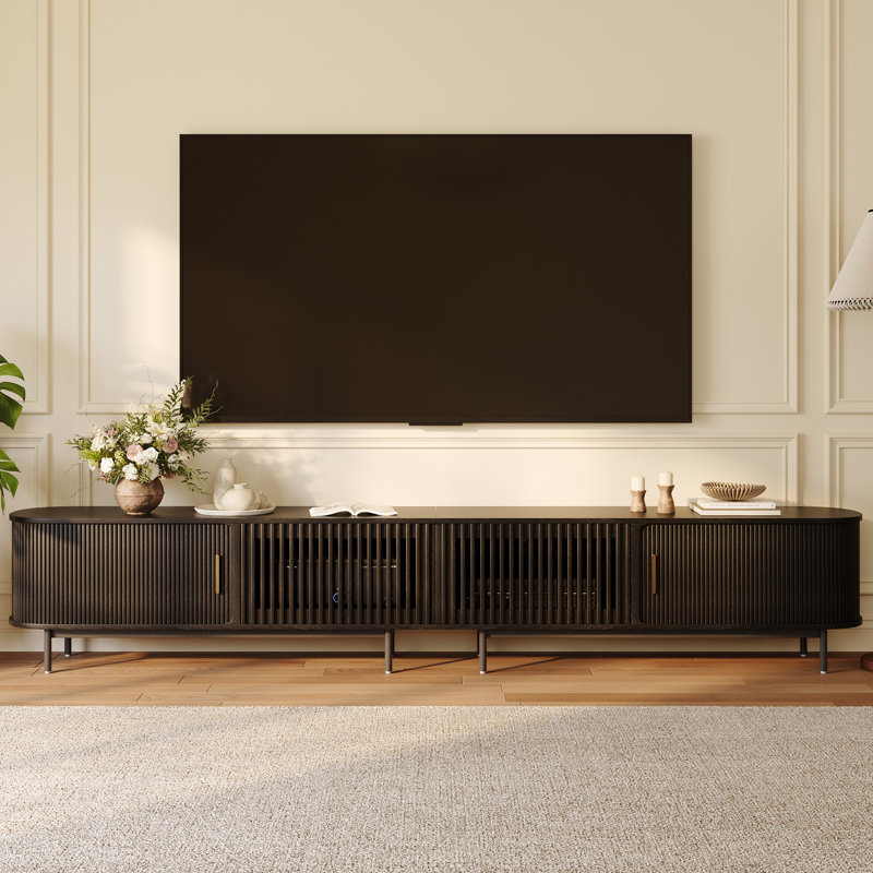 Meuble télé Mid-Century moderne, porte coulissante, entièrement assemblé, H 21,25 po x L 118 po x l 15,75 po, Noir