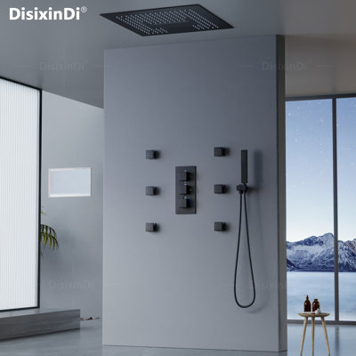 16 Inch Ceiling Rain Black Shower Head with Handheld Spray Thermostatic Rainfall Shower System Set