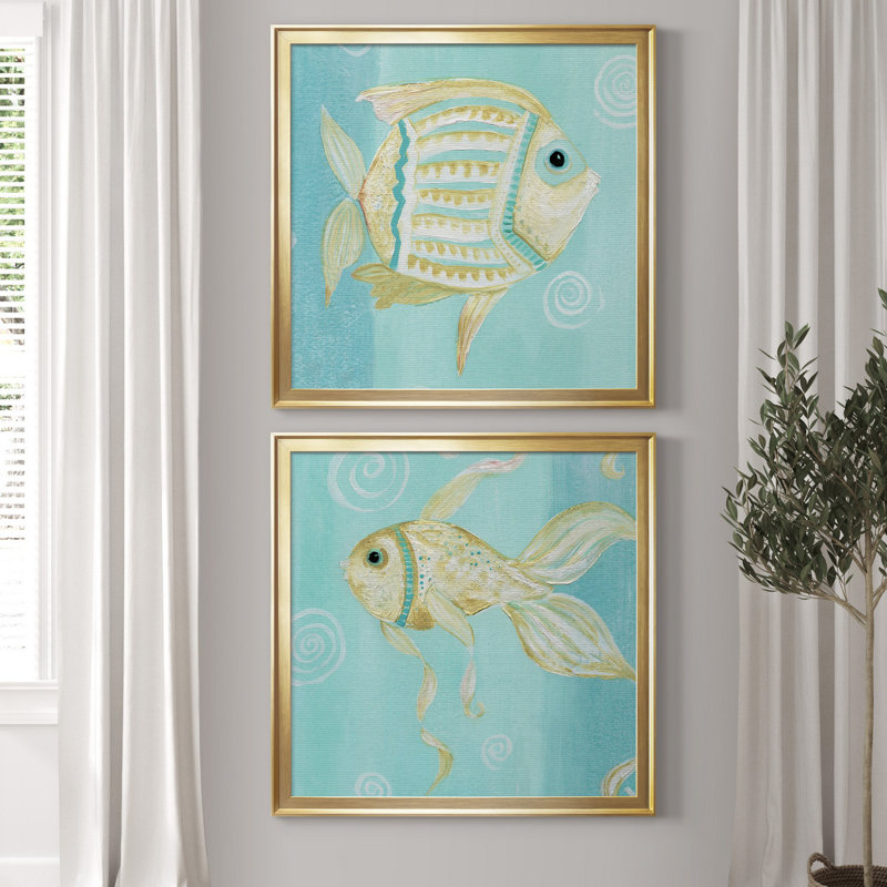 «Whimsical Sea I», ensemble de 2 reproductions d'art, Toile encadrée d'or, Pas de tapis, H 26,5 po x l 53 po x P 1,5 po