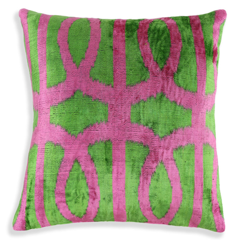 Coussin en velours fait à la main 16 x 16 - Motif géométrique rose et vert