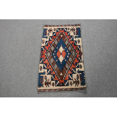 Handwoven Vintage Turkish Kilim Door Mat with Vibrant Blue Geometric Pattern in Wool