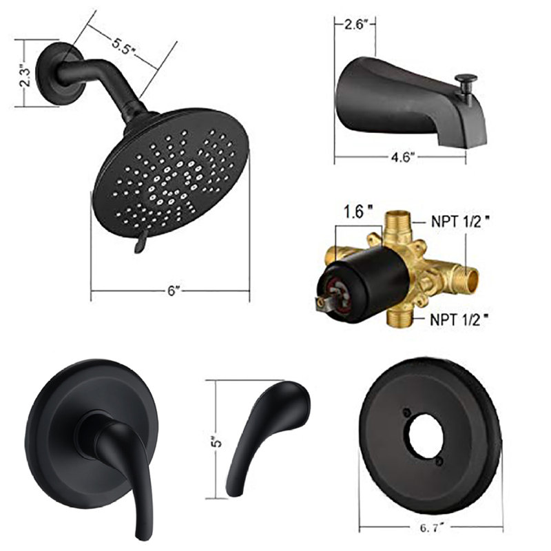 Ensemble de bec de baignoire à poignée simple et pomme de douche à 5 fonctions (valve incluse), Noir mat