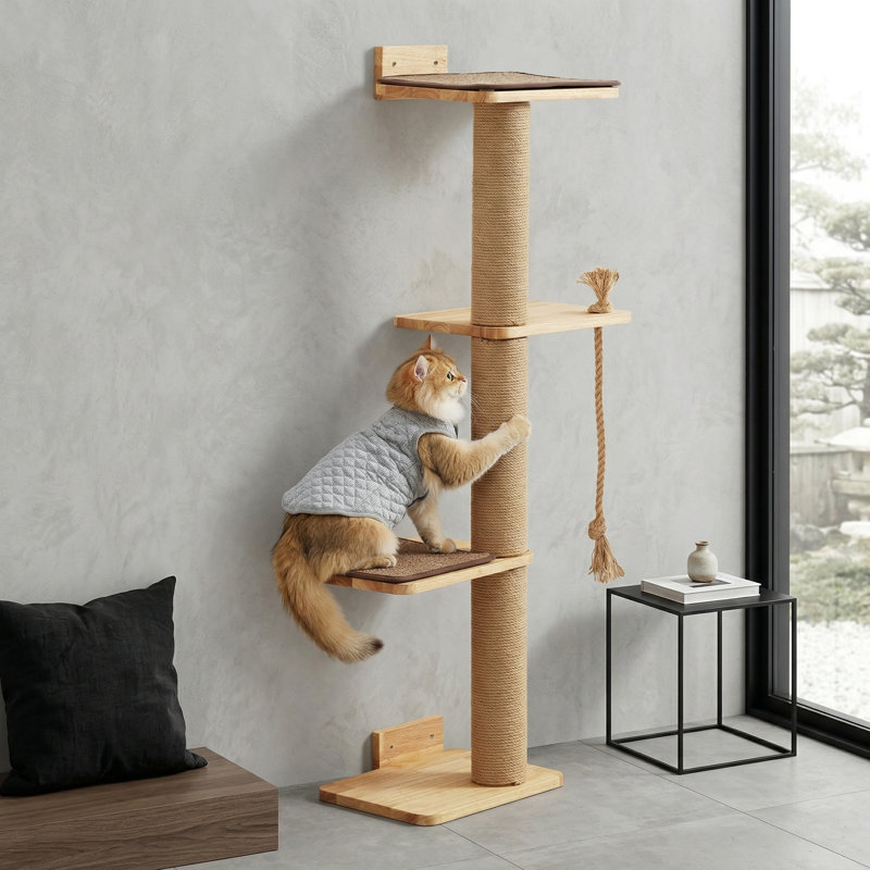 Arbre à chat à griffer 50 po, poteau à griffer en bois avec lit pour chat et perchoir