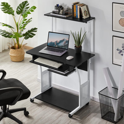 2 Tier Mobile Computer Desk With Printer Shelf & Keyboard Tray Rolling Computer Table For Small Spaces, Compact Study Workstation With Wheels, Space Saving, Black
