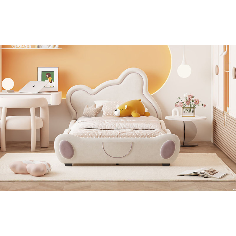 Lit plateforme en velours avec tête de lit en forme d'ours et poche de rangement à l'extrémité du lit, Beige, Simple