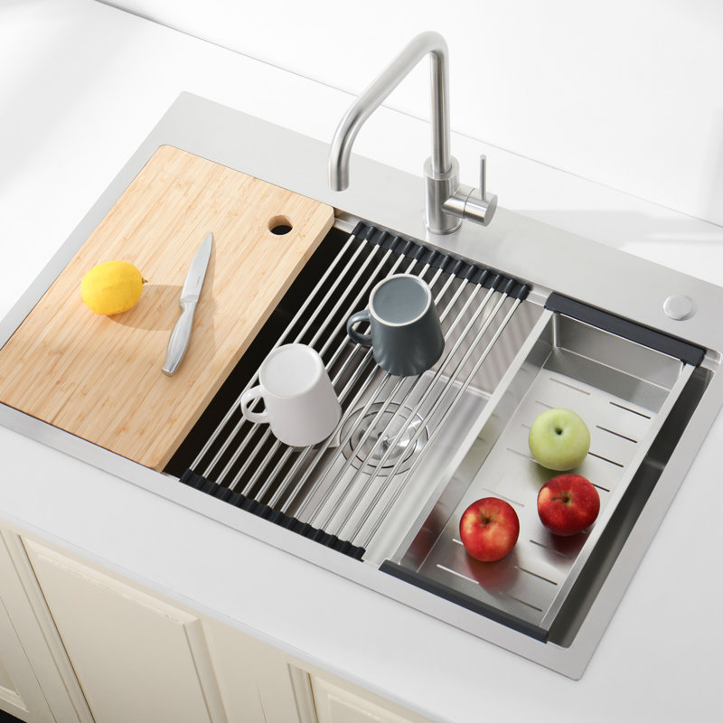 Évier de cuisine en acier inoxydable, 30 po x 22 po, sur comptoir à simple cuve, finition brossée fascinante, avec planche à découper, passoire et structure stable, conception attrayante de 30 po x 22 po