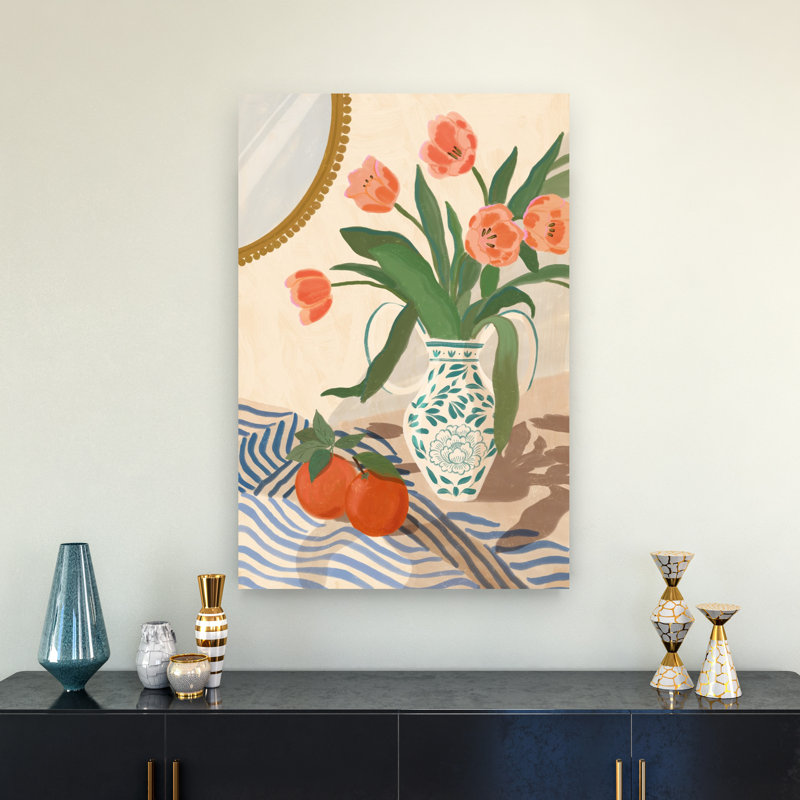 Tulipes fraîches et oranges, art floral abstrait et abstrait, H 36 po x l 24 po