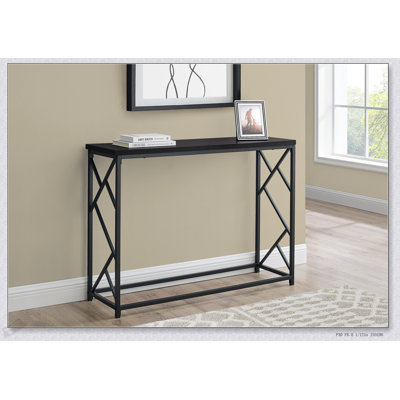 Table d'appoint de style contemporain avec plateau étroit en stratifié brun et base en métal, parfaite pour le vestibule et le salon