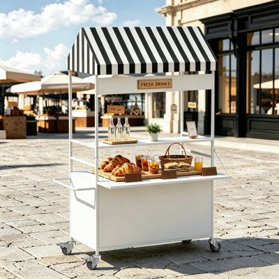 Portable Double Layer Vendor Cart with Canopy, Candy Cart, Outdoor Mobile Food Cart with Wheels