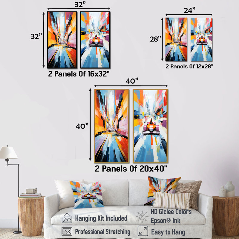 Coloré cubisme 24 heures Le Man Race Track I - ensemble de 2 impressions sur toile, Cadre flottant brun, H 28 po x l 25 po