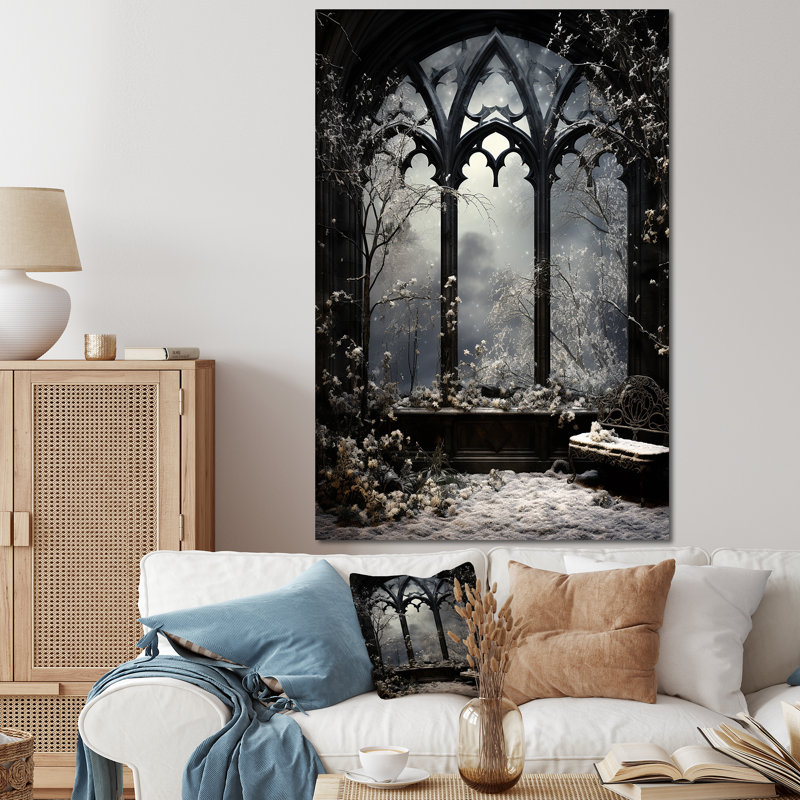 «Midnight Gothic Winter Window View III - Winter Landscape», art mural, Toile tendue, H 60 po x l 40 po x P 1,5 po